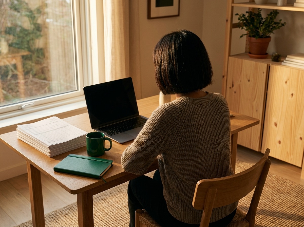 A solo CPA working at a calm home-office desk